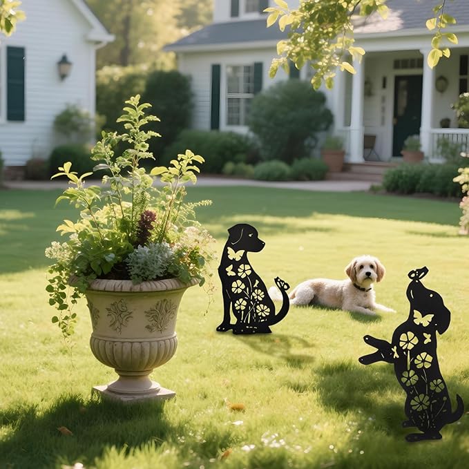 Metal Dogs Statues Garden Outside Black Puppy Decorative Garden Silhouette Stakes Steel Dog Yard Decor for Dog Lovers