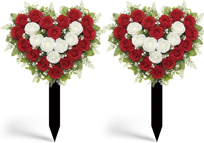 Frienda 2 Sets Cemetery Flowers Grave Stake Metal Floral Decor for Tombstone, Outdoor Gravesite Markers for Mom Dad, Memorial Day Spring Easter Grave Decor(Heart,Red,White)