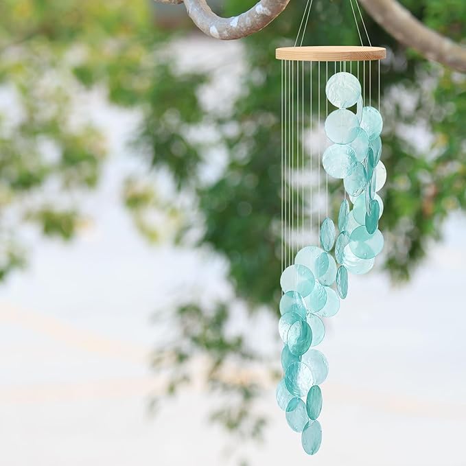 Wenqik Sea Glass Shell Wind Chimes for Outside Seaglass Capiz Windchime Spiral Wind Chimes for Women Beach Holiday Summer Gift Indoor Outdoor Home Housewarming Garden Decor(Blue)