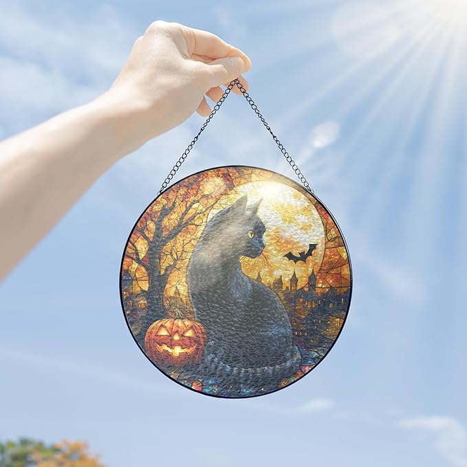 FLAGWIX Halloween Decorations Indoor - Stained Glass Window Hanging 8 inch - Black Cat Gifts for Women Men, Witchy Gifts for Cat Lovers, Sun Catchers, Fall Decor Home