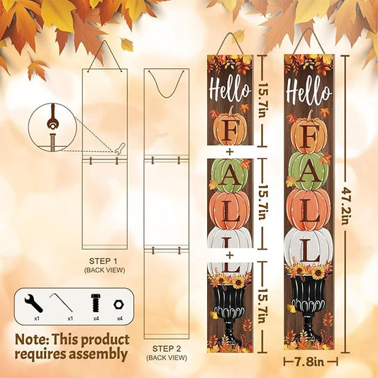 Fall Porch Sign, Hello Pumkpkin Sign for Front Porch, 3 Pumpkins Wooden Sign Yard, Vertical Wood Sign Standing for Patio Front Door Porch, Autumn Home Party Entryway Yard Wall Decor Indoor Outdoor, 47x8 inch