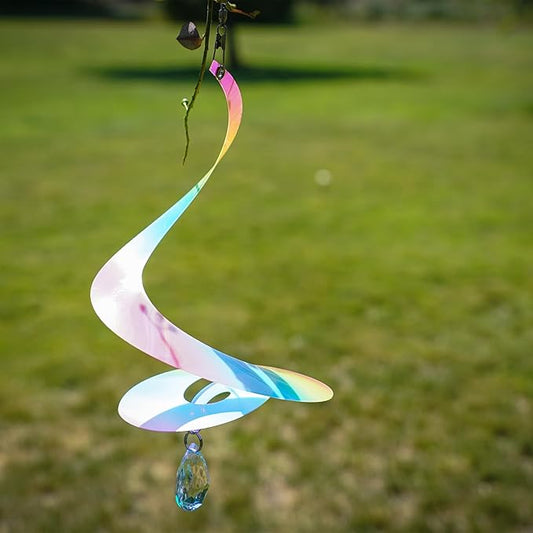In the Breeze 9157 — 8-inch Striped Iridescent Tear Drop Curlie with Crystal Spinner — Colorful Suncatcher Wind Spinner for Yards and Gardens with Plastic Crystal…