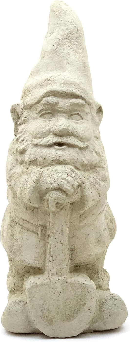 Garden Gnome with Shovel: Solid Durable Stone Statue with Vintage Texture. Sealed for Outdoors. Handcrafted USA. (Classic/White)
