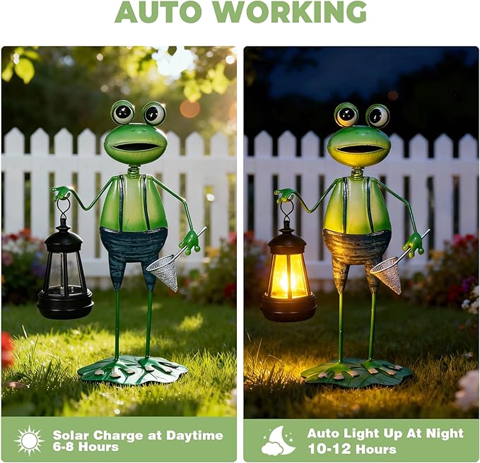 Solar Garden Lights Frog Statue with Solar Lantern Lights,18.11in Tall Frog Decor Birthday Gifts for Women Mom Grandma,Big Metal Decorative Stakes for Home Decor,Patio,Porch