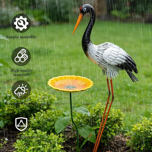 38" Metal Crane Garden Statue with Bird Bath, Large Outdoor Heron Sculpture,Rust-Proof Garden Sculptures & Statues,Yard Art for Patio & Backyard