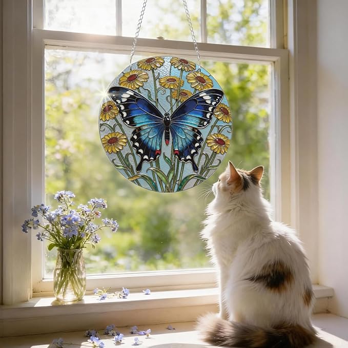 Butterfly Window Hanging Suncatcher, Yellow Flower Window Wall Art, Hand-Painted Sun Catcher Garden Hangings, Home Decor Gift for Butterfly Lovers Women Mother's Day Christmas