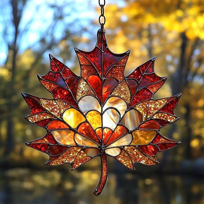 Hanging Stained Glass for Windows, Maple Leaf Set of 4 Suncatcher Ready to Hang Window Doors Home Decoration,Valentine's Day Ornaments Festival Gift