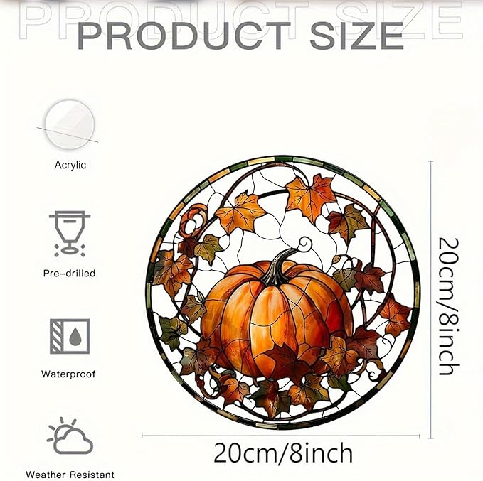 Halloween Suncatcher for Window Hanging Pumpkin Maple Leaves Designs Fall Acrylic Sun Catchers Horror Round Ornament Glass Decoration for Thanksgiving Garden Home Party Supplies 7.87inch