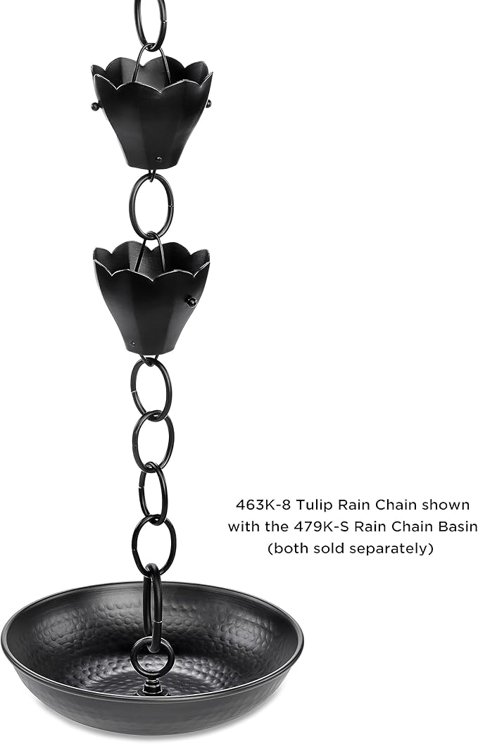 13 Cup Tulip Black Aluminum 8.5 ft. Rain Chain with Gutter Installation Clip by Good Directions