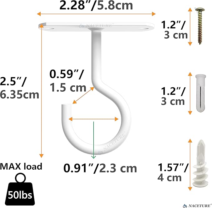 NACETURE Ceiling Hooks Heavy Duty 2 Pack - Plant Hooks for Ceiling Hanging Hook for Hanging Basket Hook, Light, Bird Feeders, Wind Chimes Dรฉcor Indoor & Outdoor (White, 2.5 Inch 2 Pack)