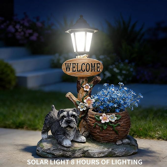 20" Solar Schnauzer Garden Statue with Welcome Sign & Planter - Large Dog Sculpture with LED Street Lantern - Weatherproof Resin Decorative Flower Pot for Porch, Yard & Patio - Pet Lover Gift