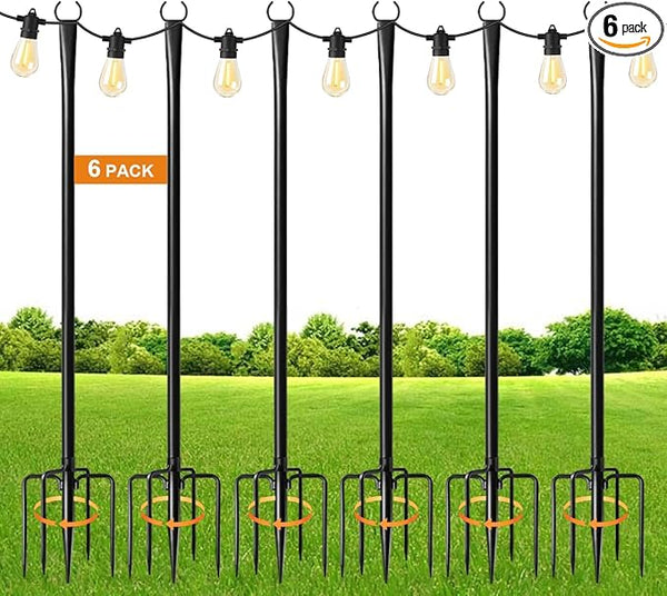 MuliVid 6 Pack 9FT String Light Poles for Outdoor,Metal Lights Hanging Pole Outside with Fork,Light Stand for Patio, Pergola, Garden, Backyard, Yard, Camping Party