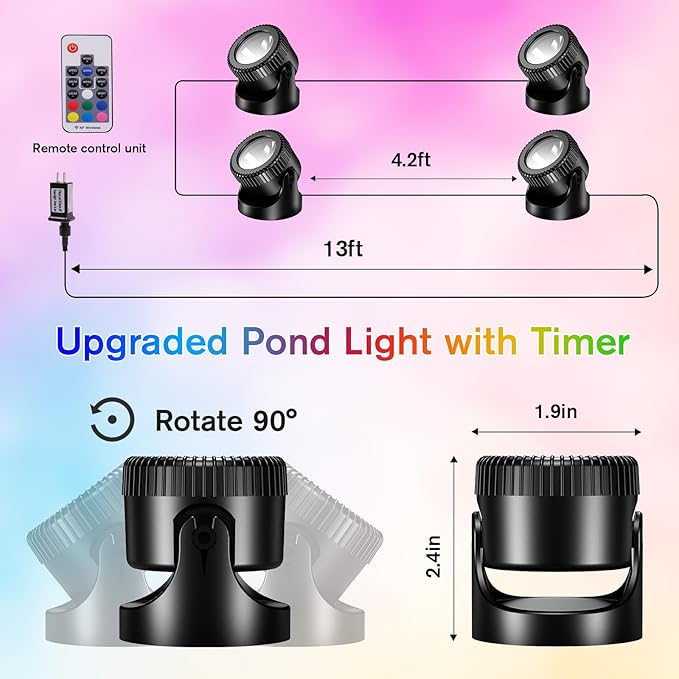POPOSOAP RGB Underwater Pond Lights with Timer, 20 Colors Dimmable Submersible Led Fountain Lights with IP68 Waterproof, Support Remote Control for Outdoor Ponds Aquarium Garden Pool (4 Set)