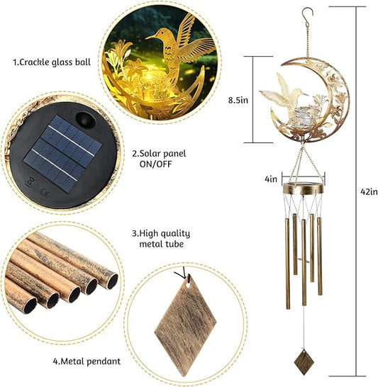 Solar Wind Chimes for Outside Hummingbird Gifts for Women Mom Grandma Sister Crackle Glass Ball Wind Chimes Solar Lights Outdoor Decor for Garden Backyard Patio Yard Porch, Mothers Gift Birthday Gifts