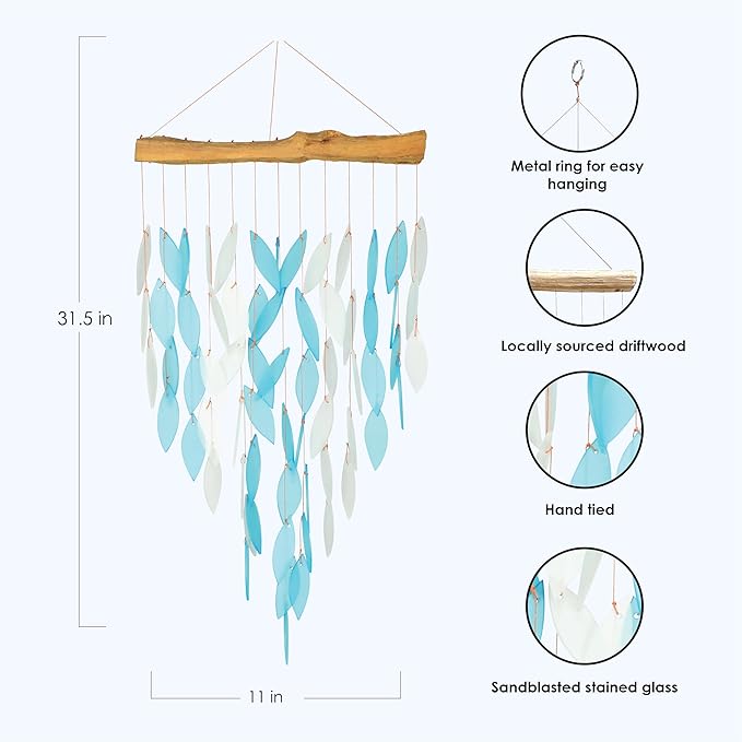 Blue Handworks Blue Waterfall & Driftwood Chime, Sandblasted Glass and Found Wood Handcrafted Wind Chime