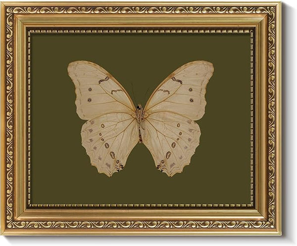 ARPEOTCY Vintage Gold Framed Wall Art, Classical White Butterfly Paintings, 8x10 inch Small Moody Green Canvas Prints with Antique Picture Frame, Victorian Wall Decor for Gallery Living Room Shelf