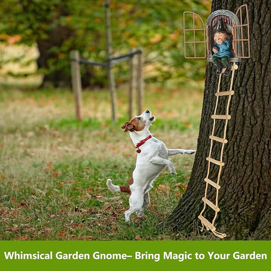 Garden Gnomes Decoration Outdoor Tree Faces Decor with Hanging Ladder for Yard, Elf Out The Door Tree Hugger Figurine Resin Garden Sculpture Ornament Whimsical Gnome Decor for Patio Yard Lawn