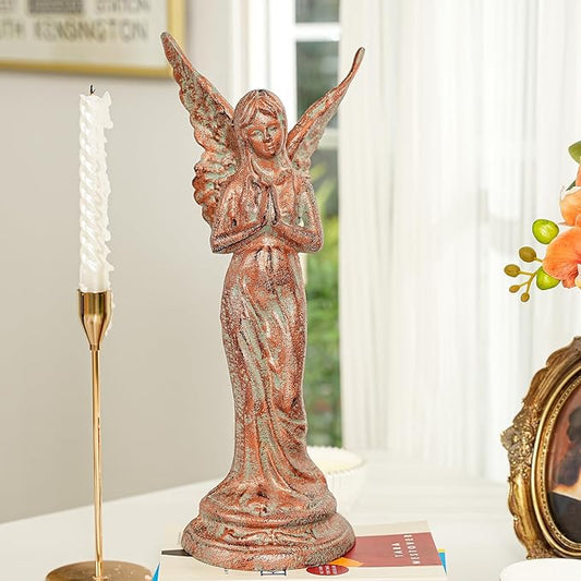 Sungmor Vintage Cast Iron Angel Statue - Rustic Decorative Figurine for Garden, Shelf or Mantel - 14.5" Tall Heavy Duty Patina Finish, Indoor/Outdoot Angel Sculpture