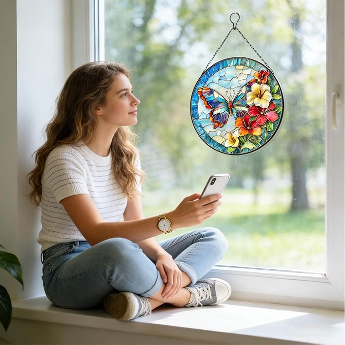 Butterfly Stained Glass Sun Catcher for Window Hanging, Blue Butterfly Suncatcher for Indoor Window Decoration, Stained Glass Window Hanging for Women, Mom 7.9"