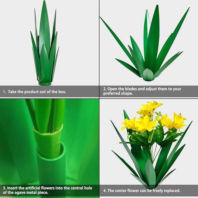 DDQ Metal Agave Plant Outdoor Decor with Artificial Flowers, Mexican Style Garden Sculpture, Waterproof Yard Art for Patio Lawn, Multiple Flower Options (Green Agave + Sunflower/Red/Yellow/Purple)