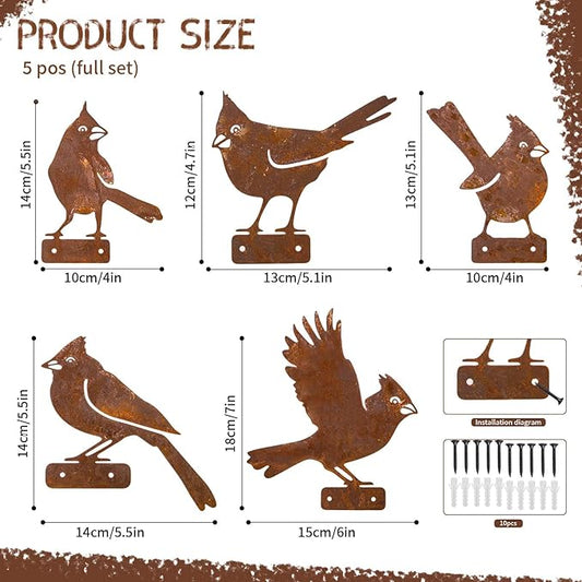 5 Pack Rusty Cardinal Birds Decoration - Outdoor Double-Side Metal Birds Decor for Fence, Yard, Farmhouse, Garden Sculptures Hummingbirds Craft Statue Ornaments Gifts for Bird Lovers (A)