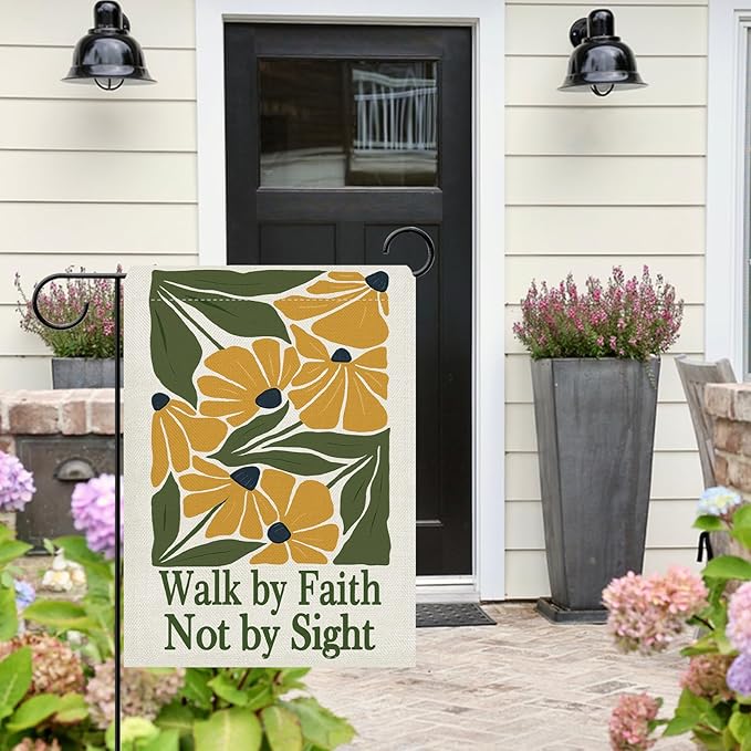 Dyrenson Inspirational Yellow Flower Decorative Garden Flag, Motivational Walk by Faith Not by Sight Floral Yard Outside Home Decoration, Spring Summer Burlap Outdoor Small Decor Double Sided 12 x 18