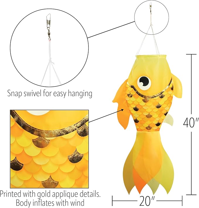In the Breeze 5244 — 40-inch Gold Shimmer Damsel Fish — Large, Colorful Printed Fishsock with Iridescent Details