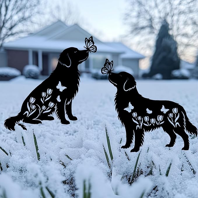 Golden Retriever Metal Decorative Garden Stakes for Memorial Yard Art, Lawn Ornaments,Outside, Patio, Outdoor Decor, Garden Decorations 2 PCS