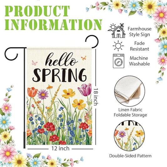 Hello Spring Garden Flag for Outside,Spring Wildflower Garden Flag Yard Lawn Porch Flags for Outdoor Decorations 12x18 Inch Double Sided