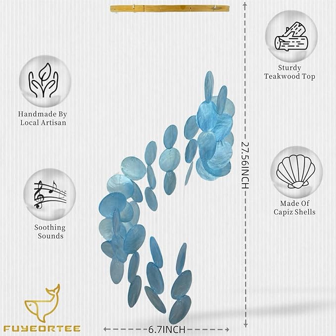 Wind Chimes for Outside Handmade Blue Capiz Shells Seashell Sea Glass Arts Windchime Beach Coastal Outdoor Crafts Garden Decor Gardening for Women Patio Finds