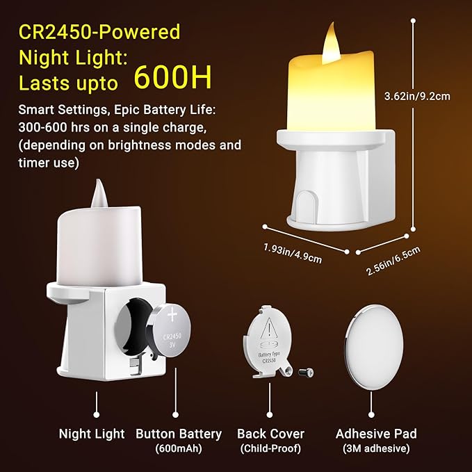 Flameless Candles Night Light with Flickering Flame, Battery Operated LED Night Light, Magnetic Attachment for Easy Placement, Realistic Candlelight for Home, Bathroom, Window Decor (White, 1 Pack)