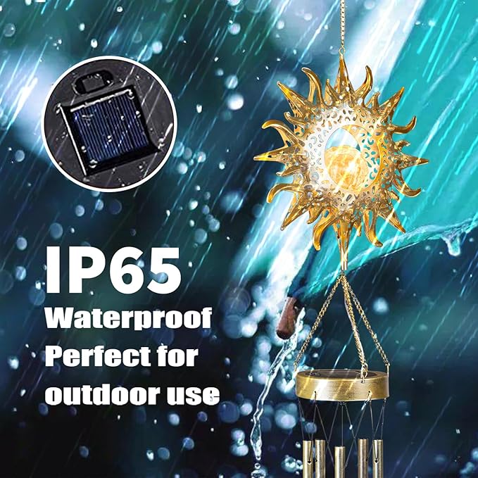 Sun Solar Wind Chimes for Outside Lights Prefert Gifts for Mom Wife Unique Crackle Glass LED Warm Light Outdoor Hanging Decor Windchimes for Garden Yard Patio Christmas Birthday Mothers Day