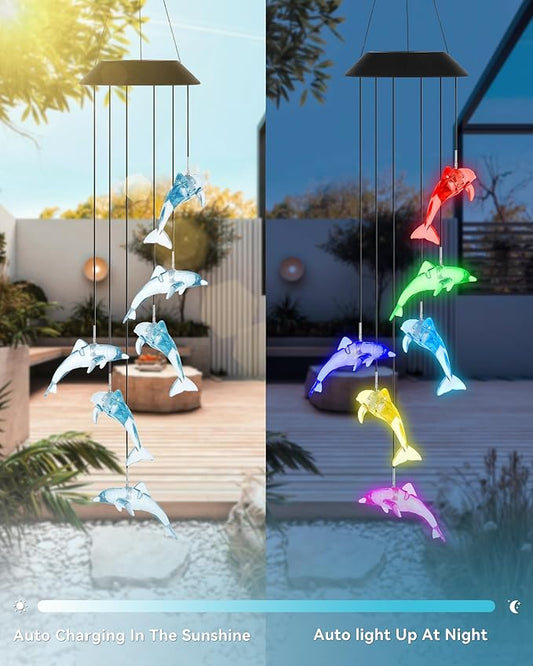 DOUBLEZHE Solar Wind Chimes for Outside, Color Changing Dolphin Wind Chime Outdoor Clearance, Birthday Gifts for Mom Women Grandma Wife Girls, Unique Garden Decor Colorful Patio Yard Party Decoration