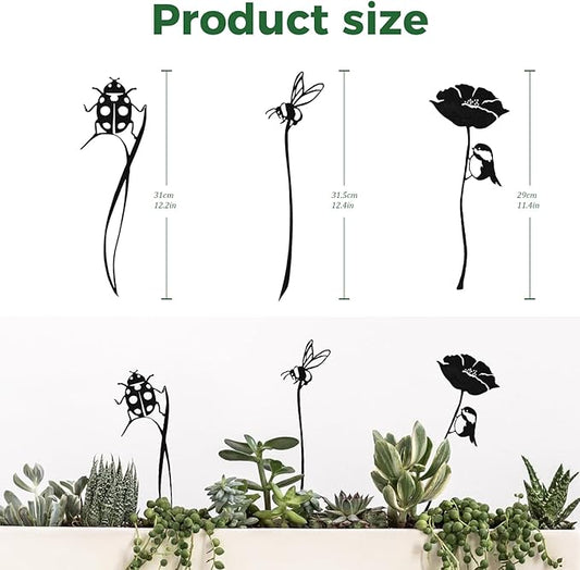 3-Pack Insect Metal Garden Stakes for Indoor&Outdoor Potted Plants, Rustic Metal Flowers for Outside, Decorative Outdoor Status,Gift-Boxed Garden Decor(Black Ladybug&Bee Flower Set)