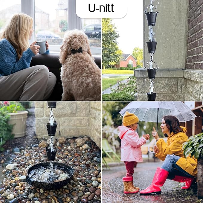 U-nitt Rain Chain Water Collection for Gutters Rainwater Catcher & Diverter, 8.5 FT Chains for Outside Garden, Black Bucket Cups, Roof Downspout, Works with Heavy Rain, w/Gutter Clip for Rainchains