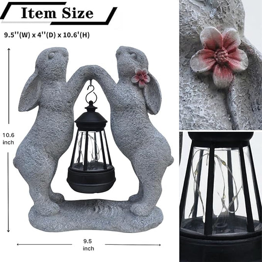 Rabbit Solar Garden Statue, Outdoor Double Bunny Decorations with Hanging Lantern, Bunny Figurines Decor for Patio Yard Lawn, Whimsical Housewarming Gifts for Women & Garden Lovers
