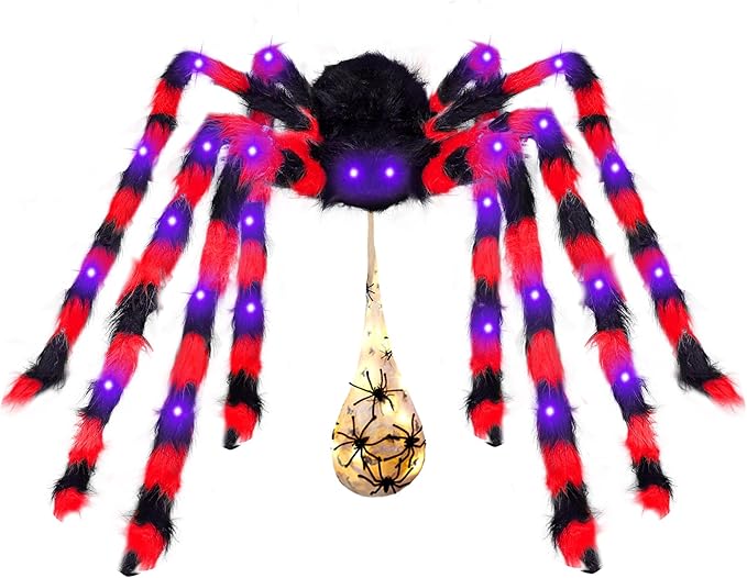 3-in-1 Large Halloween Spider Decorations Set, 50" Huge Spider Hanging with 20" Light Up Spider Egg Totally 36 LEDs Lights Battery Operated Fake Spiders Halloween Decors for Yard Home Party