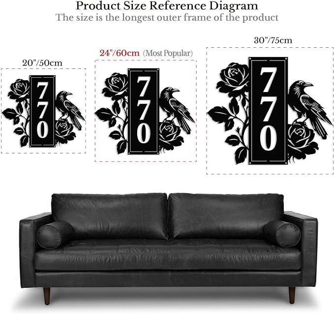 Personalized Gothic House Number metal Signs,Custom Address Number Metal Wall Art Decor,Black Plaques Outdoor wall Decorative Signage,Shed(8-30 Inches) (Crow Rose)