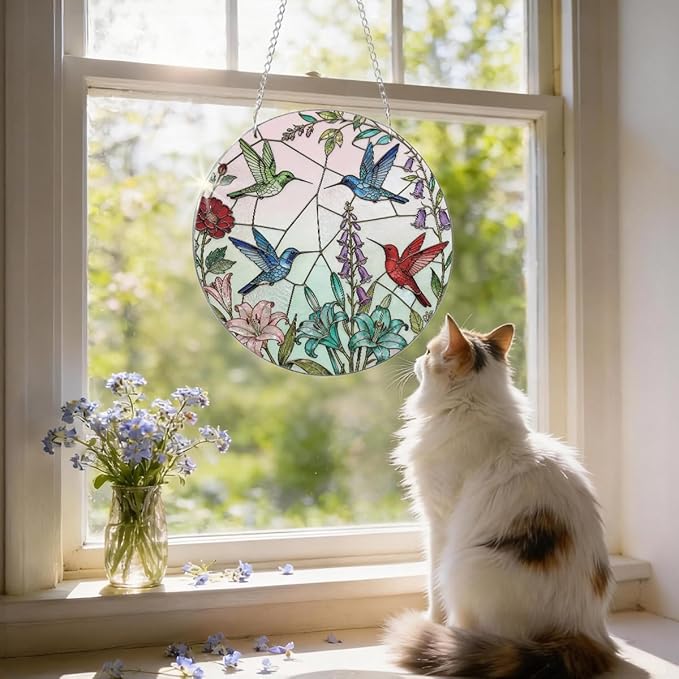 Birds Window Hanging Suncatcher, Decorative Suncatchers Window Wall Art, Wildflower Hummingbird Sun-Catchers for Windows Doors Home Decoration, Housewarming, Festival, Birthday Gift for Women