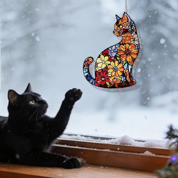 Cat Stained Glass Suncatcher Window, Hanging Sun Catchers Indoor Window, Suncatcher for Mom/Women (Black Cat)