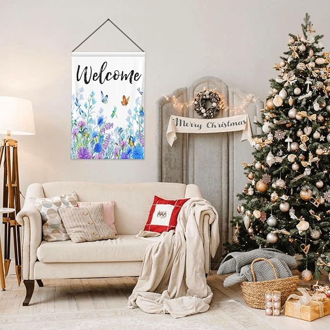 Welcome Garden Flag 28 X 40 In Outdoor Outside Floral Mini Summer Spring Blue Flower Butterfly Dragonfly Bird Yard House Flags Farmhouse Sign For Home Garden Decoration Banner
