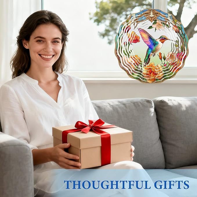 Wazzio Hummingbird Wind Spinner, Hummingbird Gifts for Women Men Mom Wife Grandma, 12" Metal Outdoor Indoor Hanging Ornament for Garden Porch Backyard, Gift for Birthday Thanksgiving Christmas