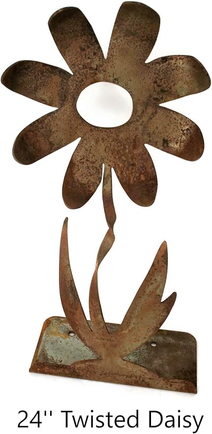 Metal Rustic and Colorful Flower Stakes Ranging from 9.5 to 36 Inches Tall (Twisted Daisy on Flat Base, Set of 24" and 36", Naturally Rusted)