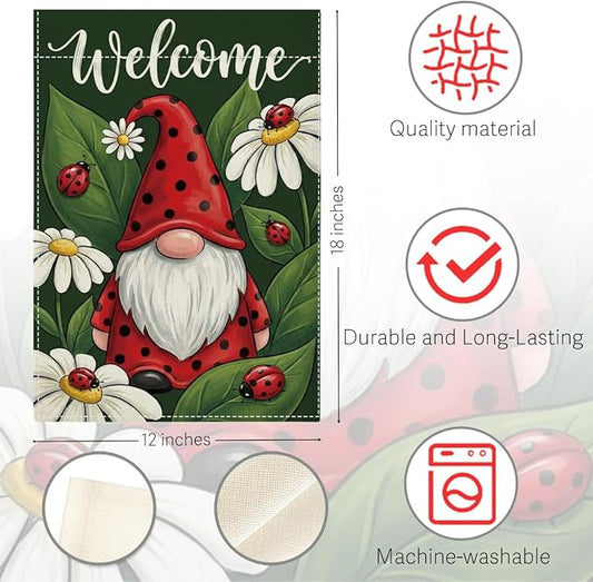 Welocome Spring Summer Seven Spotted Ladybug Gnome Garden Flag Daisy Flowers Spring Garden Flag Decor Summer Double Sided House Flag for Outside Yard Decorations 12×18 Inch