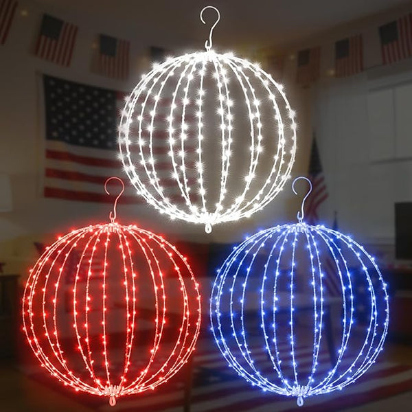16 Inch 3PK Patriotic Light Ball, Red White Blue Foldable Metal Sphere Lights with 320 LED 16 Modes & Timer, Hanging Globe Lights for 4th of July, Memorial Day & Independence Day Outdoor Holiday Decor