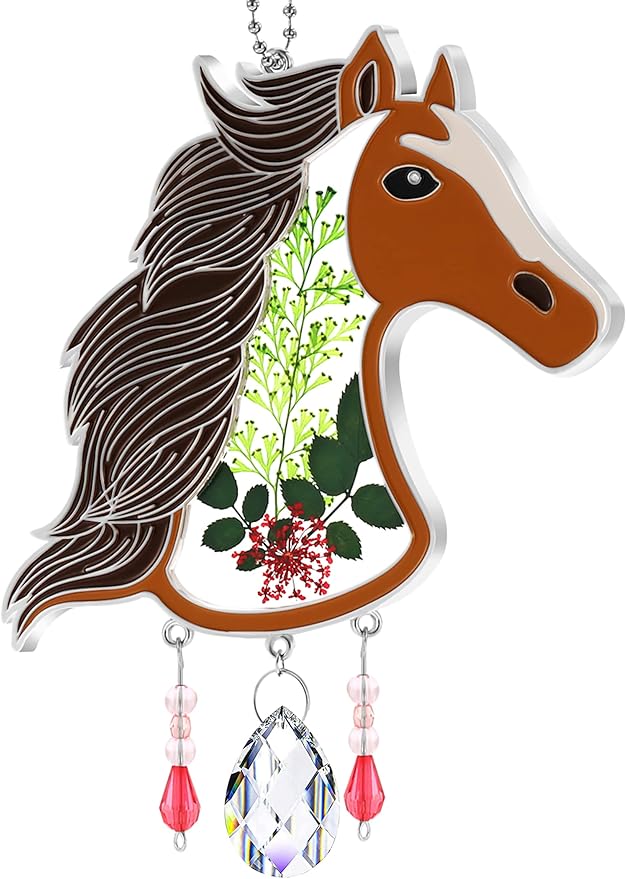 KY&BOSAM Suncatcher Horse Head Stained Glass Crystal Hand-Painted Suncatchers Ornament hangings Wind Chime with Pressed Flower Horse Embedded in Glass Window Mother`s Day Birthdays…