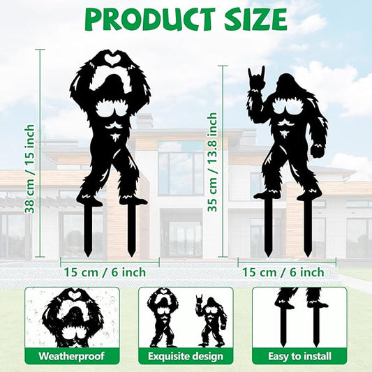 GLOBLELAND 2pcs Savage Mental Garden Stakes Black Silhouette Sasquatch Decorative Yard Stakes Trees Metal Outdoor Art Decor for Yard Patio Lawn Walkway Ornament