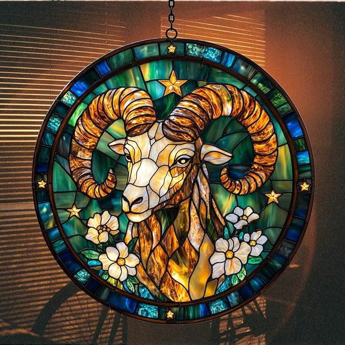 Vivid Aries Mosaic Floral Art Acrylic Suncatcher Stained Glass Effect Window Car Hanging Christmas Ornament Indoor Outdoor Decor Garden Sun Catcher Panel for Zodiac Lover for Women Mom Grandma