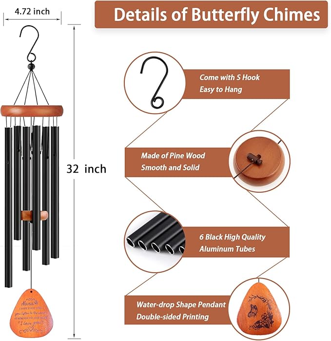 Nana Gifts, 32" Butterfly Wind Chime for Nana Birthday Gifts, Grandma Gift for Christmas Mothers Day from Grandkids