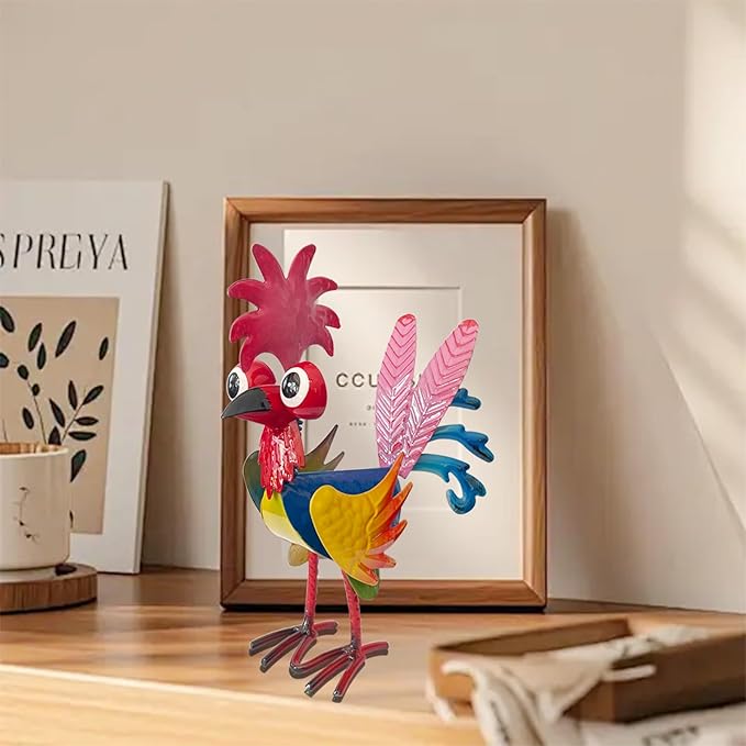 7.9" Garden Rooster Statues Sculpture, Metal Rooster Statues, Outdoor Animal Statue, Chicken Ornaments Yard Art for Backyard Patio Lawn Decorations (Blue)